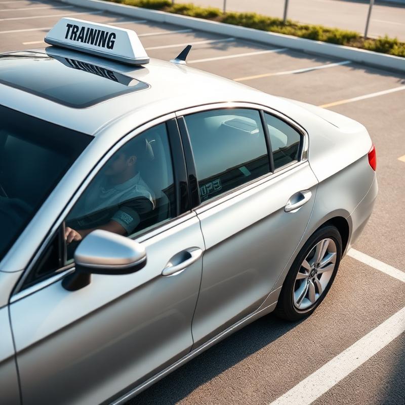 Modern silver training car with student-driver topper