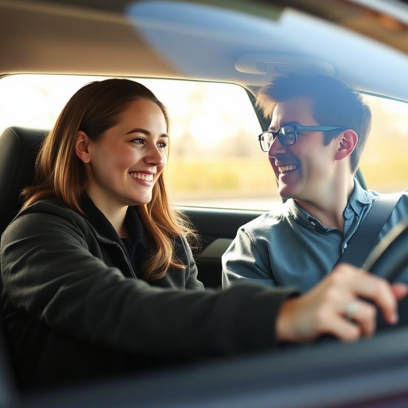 Patient instructor smiling with a teen student behind the wheel