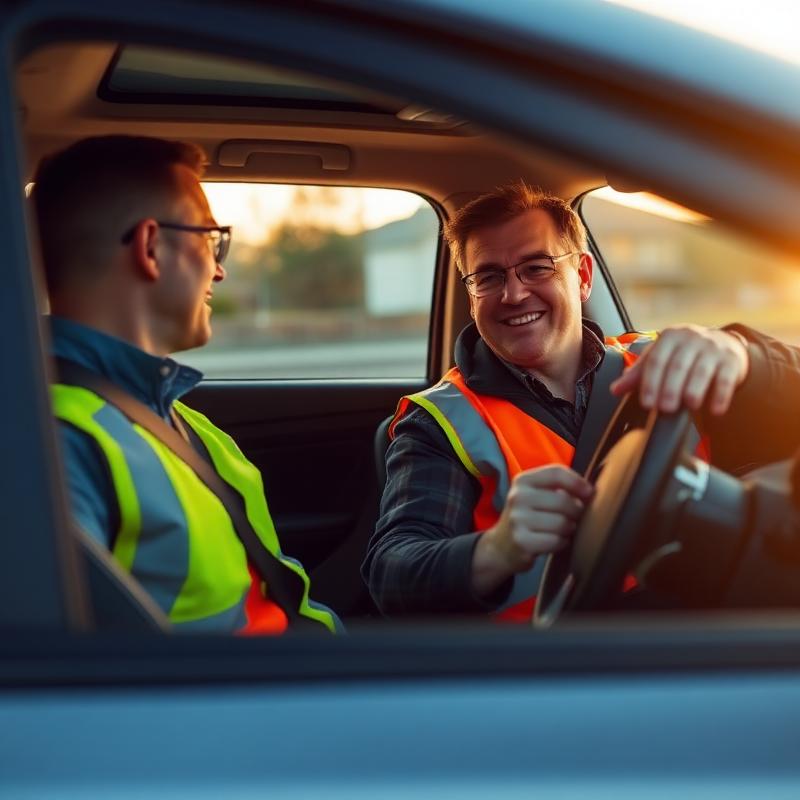 Driving instructor coaching a student in a training car
